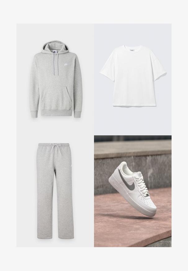 Sudadera con capucha de color gris claro hecha de tela suave, con un bolsillo tipo canguro, capucha con cordón y un pequeño logo blanco en el pecho.; Camiseta blanca de gran tamaño con mangas cortas, cuello redondo y hombros caídos, plana sobre fondo gris claro.; Pantalones deportivos grises con cintura elástica y cordón ajustable. Fabricados con tela suave, cuentan con piernas rectas y un sutil detalle de logotipo.; Zapatilla blanca Nike Air Force 1 con logo swoosh gris flotando sobre una superficie de piedra y un fondo de pared de piedra gris.