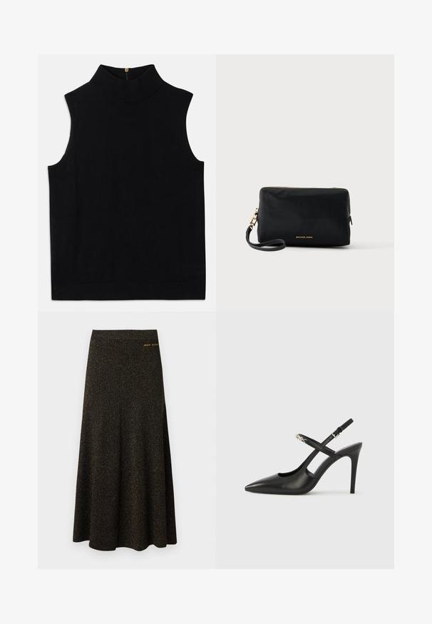 Haut noir sans manches à col roulé, fabriqué en matériau doux, avec un col haut et une fermeture éclair dans le dos. Design simple sans motifs ni accents.; Jupe midi noire en ligne A avec un subtil éclat doré et un petit logo doré "Armani Exchange" près de la taille côté droit.; Escarpins slingback en cuir noir avec bout pointu, design ajouré et bride ajustable ornée de ferrures métalliques.; Pochette rectangulaire noire pour poignet avec fermeture éclair dorée et logo, sangle détachable sur fond clair.