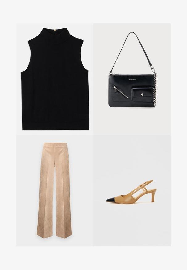Haut noir sans manches à col roulé, fabriqué en matériau doux, avec un col haut et une fermeture éclair dans le dos. Design simple sans motifs ni accents.; Pantalon large en velours côtelé beige avec une surface texturée, doté d'une taille haute et d'un motif à rayures verticales pour plus de détails.; Escarpins slingback couleur fauve avec embout pointu noir, côtés découpés et talon bloc de hauteur moyenne. Matière en cuir lisse.; Sac à bandoulière en cuir noir Michael Kors avec fermeture éclair supérieure, poche avant zippée en diagonale, poche à rabat avec bouton-pression et détail en chaîne argentée.