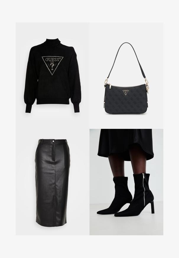 Suéter negro de punto con cuello alto, corte holgado y puños acanalados. Presenta un logotipo triangular con acentos metálicos en el centro.; Falda lápiz de cuero negro con una abertura frontal, cintura alta y cierre de botón a presión. Textura suave y brillante con un detalle minimalista.; Botas negras hasta el tobillo con un cuerpo de tela elástica, punta afilada y cierre lateral de cremallera, sobre un tacón fino y alto.; Bolso de mano negro Guess con patrón de logo texturizado, herrajes en tono dorado, cierre mediante cremallera y correa para el hombro ajustable. Forma compacta y rectangular.