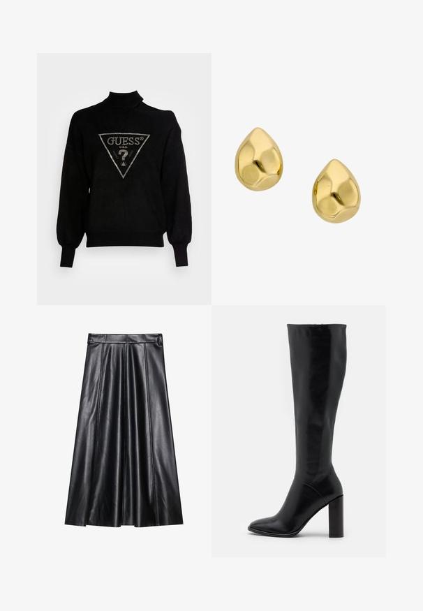 Sort pullover sweater med høj krave, løs pasform og ribstrikkede manchetter. Har et trekantet logo med metal accenter i midten.; Sort læder A-formet nederdel med plisseringer, der har en glat tekstur, tætsiddende talje og synlige sømdetaljer. Ingen ekstra accenter.; Knæhøje sorte læderstøvler med spids tå og kraftig hæl. Glat tekstur med minimale detaljer og et tætsiddende skaftdesign.; Par af polerede gulddråbeformede studs med glatte, reflekterende overflader på en hvid baggrund.