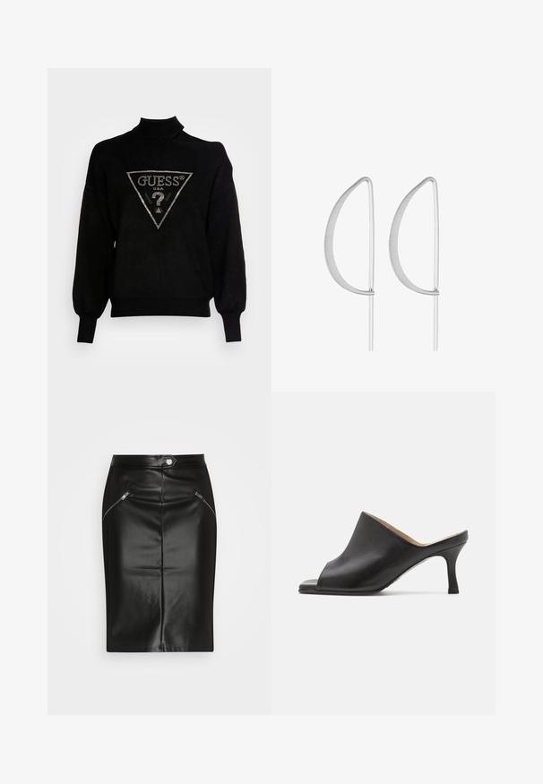 Suéter negro de punto con cuello alto, corte holgado y puños acanalados. Presenta un logotipo triangular con acentos metálicos en el centro.; Falda lápiz de cuero negro con una textura suave, que presenta dos bolsillos con cremallera en el frente y una silueta ajustada.; Selected ASHLEY - Mules de tacón - black; Pendientes de metal plateado con un diseño curvado minimalista, que presentan formas de lágrima abiertas y alargadas con un acabado mate.