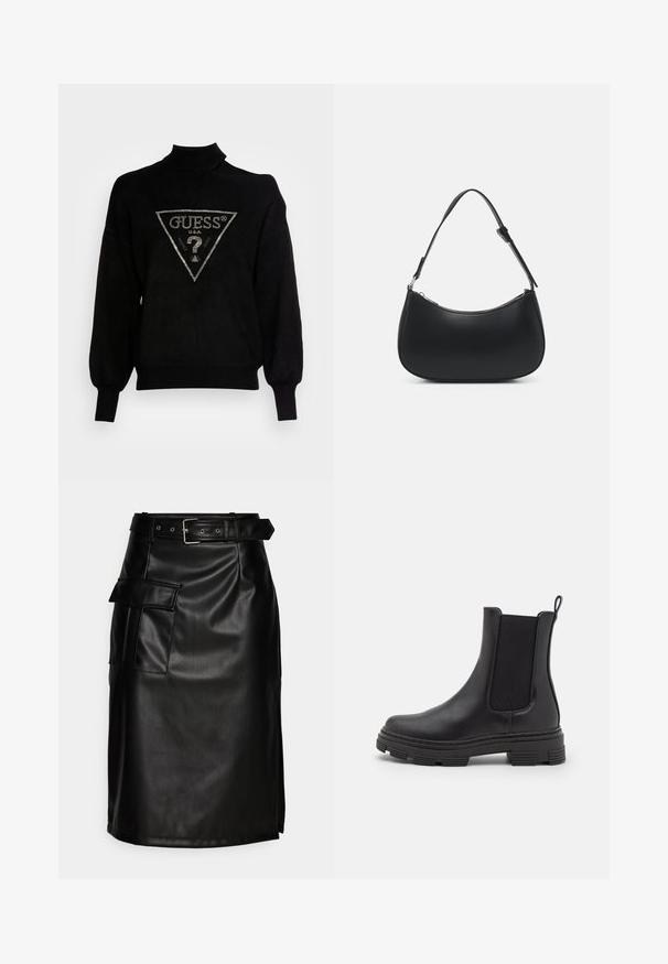 Schwarzer Pullover mit hohem Kragen, lockerer Passform und gerippten Bündchen. Mit einem dreieckigen Logo mit metallic Akzenten in der Mitte.; Schwarzer Kunstlederskirt mit tailliertem Bund, seitlicher Tasche und figurnaher Passform. Hat eine glatte Textur und einen leichten Glanz.; Schwarze Leder-Ankle-Boots mit elastischen Seitenpaneelen, runder Spitze und texturierten Gummisohlen. Verfügt über eine Schlaufe an der Rückseite für ein einfaches Anziehen.; Pieces PCALUANA SHOULDER BAG - Handtasche - black