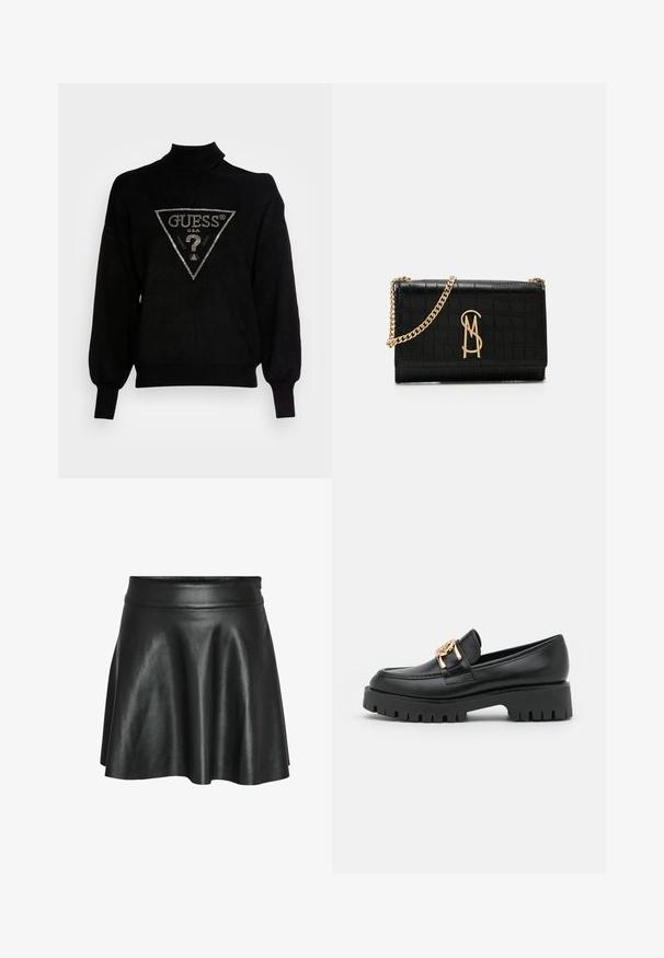 Pull-over noir à col montant, coupe ample et poignets côtelés. Présente un logo triangulaire avec des accents métalliques au centre.; Jupe en simili cuir noir avec une coupe évasée en ligne A, présentant une texture lisse et brillante ainsi qu'une taille ajustée.; Mocassin en cuir noir avec une semelle épaisse et un accent en métal doré ; présente un bout arrondi et des détails cousus le long de l'empeigne.; Sac bandoulière en simili cuir noir avec texture crocodile, bandoulière en chaîne dorée et logo doré bien en vue à l'avant.