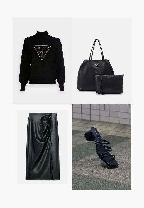 Sort pullover sweater med høj krave, løs pasform og ribstrikkede manchetter. Har et trekantet logo med metal accenter i midten.; Sort læderskirt med en glat overflade, der har en indsamlet sektion på den ene side og en skråning på siden for ekstra detaljer.; Sort sandal med firkantet tå, tre tynde stropper og blokhæl på fortov nær flisebelagt væg.; Stor sort tote taske lavet af tekstureret læder med dobbelte håndtag, prydet med et guld trekantet logo. Inkluderer en mindre matchende lynlåspose.