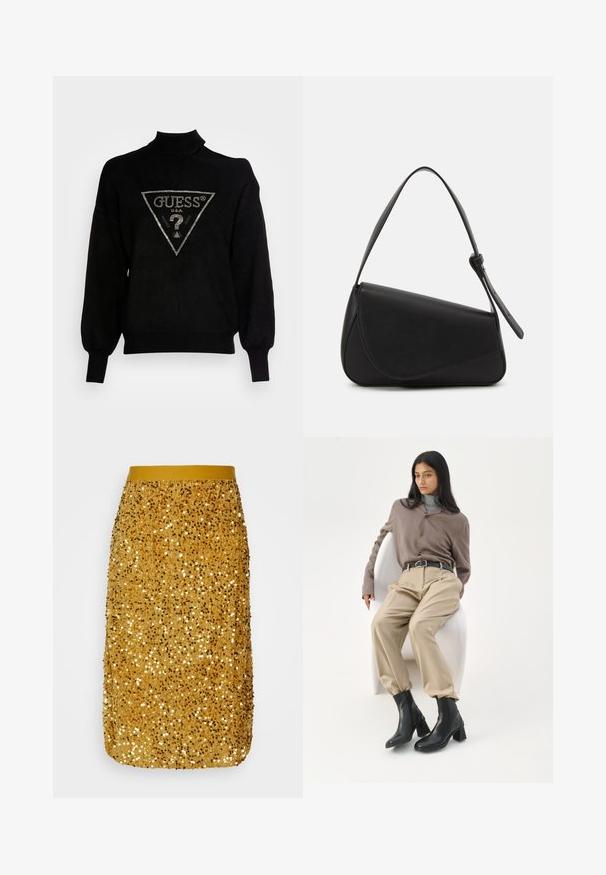 Suéter negro de punto con cuello alto, corte holgado y puños acanalados. Presenta un logotipo triangular con acentos metálicos en el centro.; VILA VISASSA MIDI SEQUINS SKIRT - Falda de tubo - gold; Mujer con cabello largo y negro apoyada en una silla curva blanca, vistiendo una blusa topo, pantalones beige, cinturón negro y botines negros con tacón.; Bolso de mano de cuero negro con forma triangular, tapa en ángulo y un asa superior redondeada. Presenta una textura suave y detalles de diseño minimalistas.