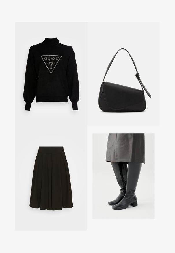 Pull-over noir à col montant, coupe ample et poignets côtelés. Présente un logo triangulaire avec des accents métalliques au centre.; Jupe plissée noire avec une large ceinture élastique. Fabriquée dans un tissu doux, elle présente un ourlet à mi-genoux et une texture lisse.; Bottes en cuir noir montant jusqu'au genou avec un bout carré, un talon bloc incliné et une fermeture éclair latérale ; texture lisse et design ajusté.; Sac à main en cuir noir de forme triangulaire, avec un rabat incliné et une poignée supérieure arrondie. Il présente une texture lisse et des détails de design minimalistes.
