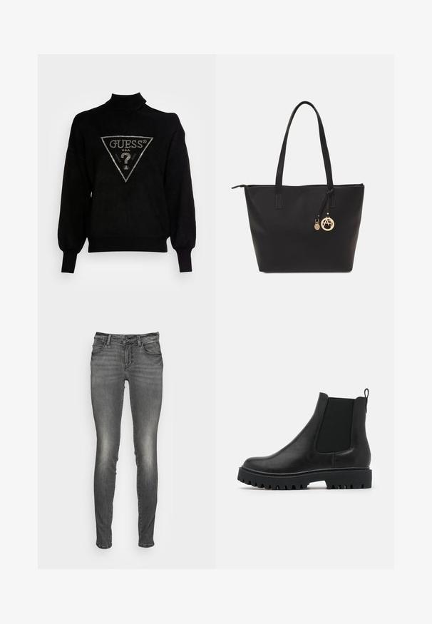 Sort pullover sweater med høj krave, løs pasform og ribstrikkede manchetter. Har et trekantet logo med metal accenter i midten.; Grå denimjeans med slank pasform, der har en let falmet tekstur, forlommer og en lynlåsåbning med knaplukning.; Sorte læder Chelsea-støvler med elastiske sidestykker, en påtrækningssløjfe og en solid, tyk sål med dybe riller for bedre greb.; Sort tote taske lavet af glat syntetisk materiale, med to lange håndtag, en lynlåslukning og et guldcharms med et rundt logo.