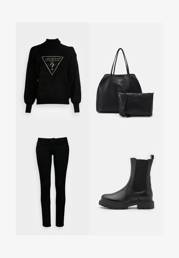 Sort pullover sweater med høj krave, løs pasform og ribstrikkede manchetter. Har et trekantet logo med metal accenter i midten.; Sorte skinny jeans med en glat tekstur, fem lomme-design, metalhardware og bæltestropper. Klassisk pasform med en slank silhuet.; Svarte læder ankelstøvler med elastiske sidepaneler, en rund tå og en robust sål med udtalte skridsikre riller.; Stor sort tote taske lavet af tekstureret læder med dobbelte håndtag, prydet med et guld trekantet logo. Inkluderer en mindre matchende lynlåspose.