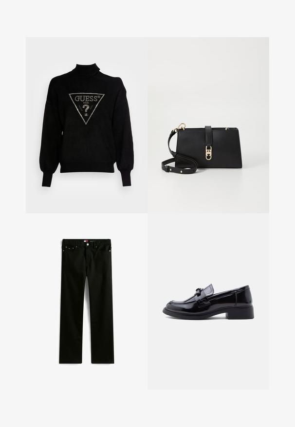 Sort pullover sweater med høj krave, løs pasform og ribstrikkede manchetter. Har et trekantet logo med metal accenter i midten.; Sorte jeans med lige ben, fem lommer, knap- og lynlåslukning samt lille brandlogo på møntlommen.; Sort loafers i laklæder med blokhæl og dekorativ remdetalje, vist i sideprofil på en hvid baggrund.; Tommy Hilfiger LIBRE MINI - Skuldertasker - black