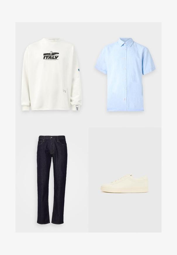 Sweatshirt blanc à manches longues avec un imprimé graphique noir de "ITALIE" et d'un personnage, en tissu texturé et avec des poignets côtelés.; Chemise bleu clair à manches courtes avec col et six boutons blancs sur le devant, sur un fond uni.; GAP STRAIGHT RESIN - Jean droit - resin rinse; Baskets couleur crème avec une tige en cuir lisse, bout arrondi, laçage à l'avant et semelle en caoutchouc texturée. Design minimaliste, sans logo.