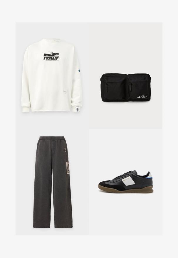 Sweatshirt blanc à manches longues avec un imprimé graphique noir de "ITALIE" et d'un personnage, en tissu texturé et avec des poignets côtelés.; Pantalons larges en tissu gris foncé, avec un patch décoratif sur la poche avant et une taille élastique pour le confort.; Baskets en cuir noir et en nubuck avec un panneau gris, semelle en caoutchouc marron et accent bleu sur le talon. Elles disposent de lacets et d'un logo embossé.; Pochette en tissu noir avec deux poches zippées à l'avant, texte brodé, forme rectangulaire, texture durable et design discret.
