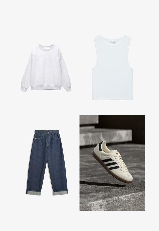 Lys grå sweatshirt med rund hals, lange ærmer og ribstrikkede manchetter og kant, vist på en hvid baggrund.; Hvid ærmeløs crop top med rund halsudskæring, lavet af glat stof, mærket Pull&Bear, egnet til afslappet brug.; Mørkeblå, vide denimbukser med foldede manchetter, frontknap og lynlås, bæltestropper og fem lommer.; Hvid Adidas Samba sneaker med sorte striber og gummsål, svævende over teksturerede grå betonstrin.