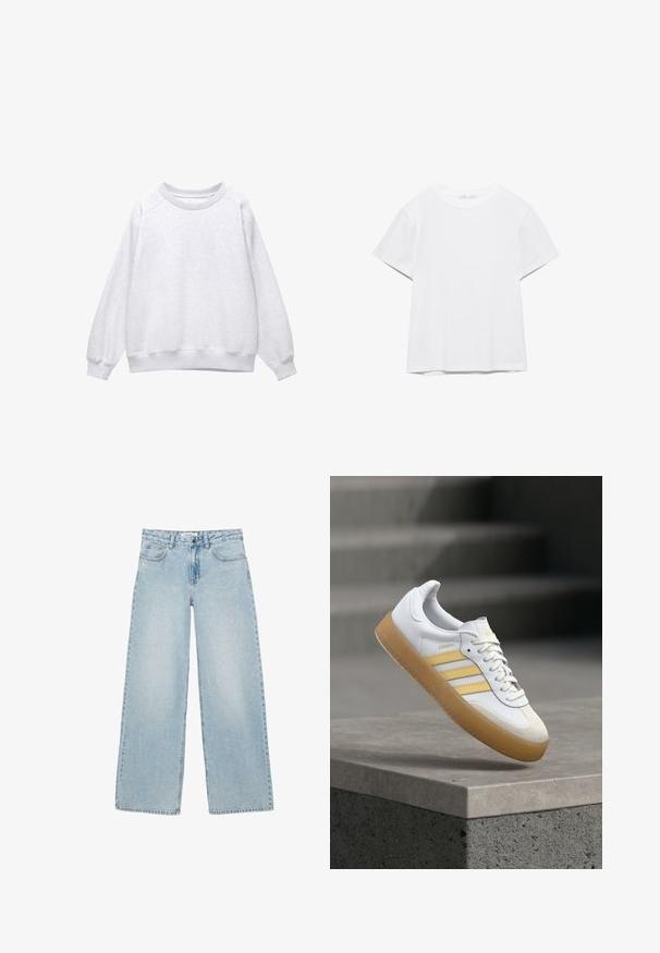 Lys grå sweatshirt med rund hals, lange ærmer og ribstrikkede manchetter og kant, vist på en hvid baggrund.; Hvid, kortærmet T-shirt med rund hals og lige kant, vist på en hvid baggrund.; Lyseblå bukser med vide ben, for- og baglommer, knap- og lynlås-lukning samt diskrete rhinstenudsmykninger.; Hvid lædersneaker med gule accenter, tre striber og en gummisål i farven gum. Skoen har en rundet tå og en tekstureret tung.