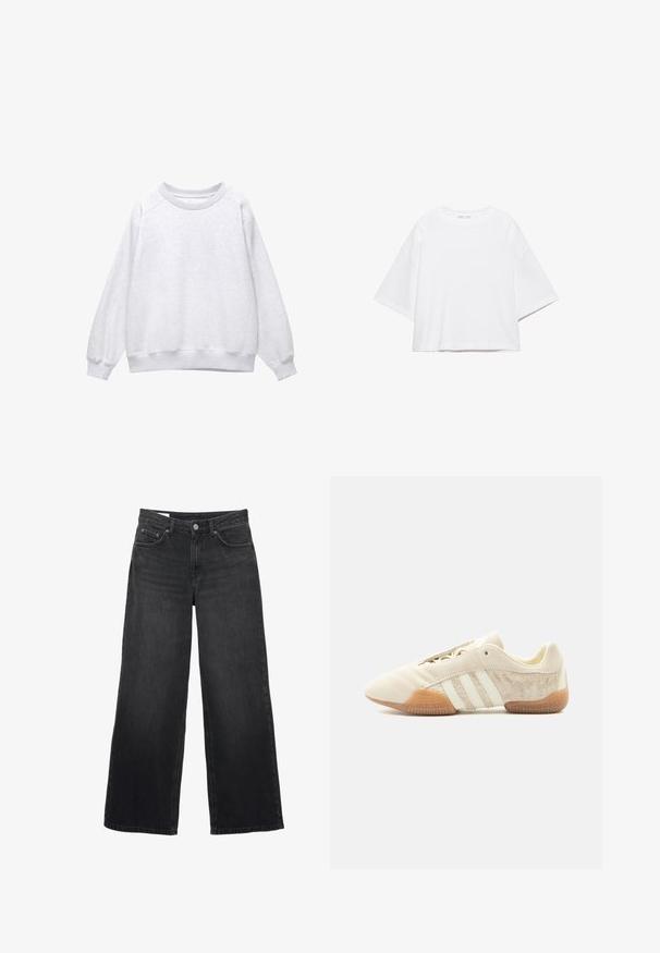 Lys grå sweatshirt med rund hals, lange ærmer og ribstrikkede manchetter og kant, vist på en hvid baggrund.; Hvid, kortærmet, løs t-shirt lavet af blød bomuld. Har rund halsudskæring og brede ærmer, med et rent, enkelt design.; Sorte viddebukser i jeans med høj talje, lukning med forreste knap og lynlås, bæltestropper og femlommesdesign.; Lavprofileret beige sneaker med tre hvide striber, teksturerede ruskindssidepaneler, gummisål og snørelukning på ensfarvet baggrund.