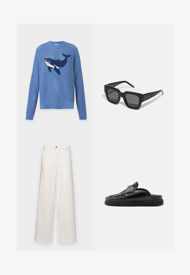 Pull bleu en maille ajourée avec manches longues et motif de baleine bleu foncé et blanc au centre devant.; Pantalons à jambes larges en coton couleur crème. Comprend une fermeture à bouton, des passants de ceinture et deux poches avant. Texture lisse avec un minimum de détails.; Mocassin en cuir noir à enfiler, sans talon, avec couture moc toe et semelle en caoutchouc plate sur fond blanc.; Lunettes de soleil noires en forme carrée avec des verres sombres, une monture en plastique épaisse et des tempes élégantes. Présente un marquage subtil sur le côté.
