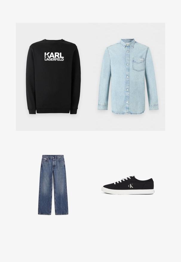 Zwarte sweatshirt van katoen, met een ronde hals en geribbelde manchetten. Het heeft een witte grafische logo op de voorkant.; Lichtblauw denim overhemd met lange mouwen, knoopsluiting aan de voorkant, een borstzak met Calvin Klein-logo en puntige kraag.; Blauwe rechte denim jeans met voorzakken, riemlussen en knoopsluiting, plat gelegd op een witte achtergrond.; Zwarte lage sneaker met witte veters en zool, met "cK" logo aan de zijkant, weergegeven op een witte achtergrond.