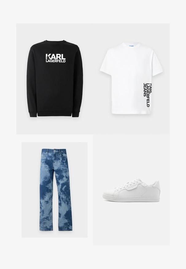 Sort sweatshirts lavet af bomuld, med rund halsudskæring og ribbede manchetter. Den har et hvidt grafisk logo på forsiden.; Hvid T-shirt med korte ærmer og teksten "KARL LAGERFELD JEANS" trykt vertikalt i sort på den nederste højre side.; Blå denimjeans med tie-dye mønster, lige ben, forreste knap, lynlås og fem-lomme design på en ensfarvet baggrund.; Hvide lædersneakers med afrundet tå, seks øjer, flade snørebånd og minimalistisk design. Har et lille logo på siden.