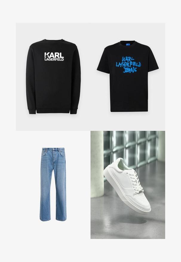Schwarzer Pullover aus Baumwolle mit rundem Ausschnitt und gerippten Bündchen. Er hat ein weißes Grafiklogo auf der Vorderseite.; Schwarzes Baumwoll-T-Shirt mit kurzen Ärmeln, das auf der Vorderseite in fettem Graffiti-Stil mit blauer Sprühfarbe den Schriftzug "KARL LAGERFELD JEANS" präsentiert.; Helle blaue Jeans im Geradeschnitt-Design, mit fünf Taschen, Knopfverschluss, minimaler Ausbleichung und kontrastierenden Nähdetails.; Weißer Ledersneaker mit abgerundeter Spitze, Schnürverschluss und flacher Gummisohle. Verfügt über perforierte Details und dezentes Logo-Akzent.