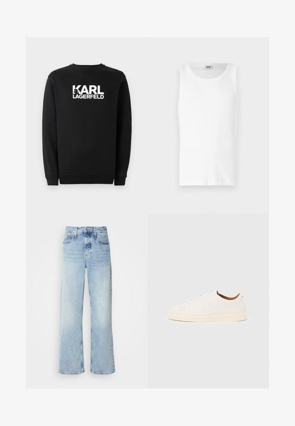 Schwarzer Pullover aus Baumwolle mit rundem Ausschnitt und gerippten Bündchen. Er hat ein weißes Grafiklogo auf der Vorderseite.; Weißes Baumwoll-Tanktop ohne Ärmel mit Rundhalsausschnitt und glatter Textur. Einfaches Design, ohne Muster oder Akzente.; Helle blaue weite Jeans mit hoher Taille, in verwaschenem Finish, mit Gürtelschlaufen und klassischem Fünf-Taschen-Design. Der Saum ist ungesäumt.; Weißer Sneaker mit niedrigem Schaft und Schnürdesign, minimalen Nähten und einer cremefarbenen Sohle auf hellgrauem Hintergrund.