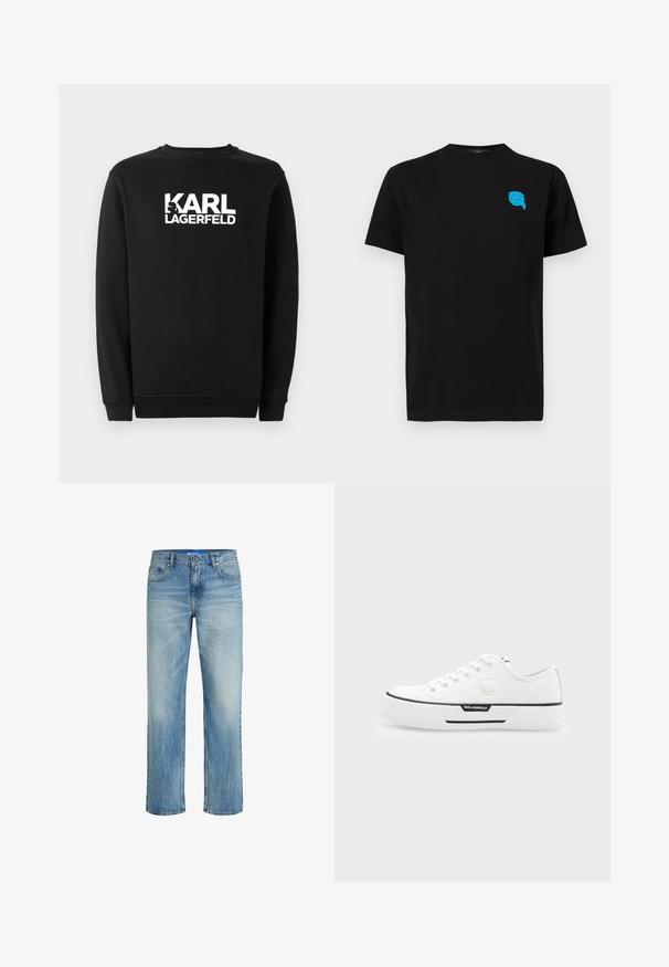 Sort sweatshirts lavet af bomuld, med rund halsudskæring og ribbede manchetter. Den har et hvidt grafisk logo på forsiden.; Sort T-shirt med korte ærmer og små blåt grafik af et ansigt med solbriller og et tørklæde på øverste venstre bryst.; Lysblå denimjeans med lige ben. Har en falmet tekstur, fem-lommemodel og en lukning med knap foran samt bæltestropper.; Hvid lavtop sneaker med tyk sål, snørefront, sort stribedetalje og Karl Lagerfeld-logo på siden og hæltappen.