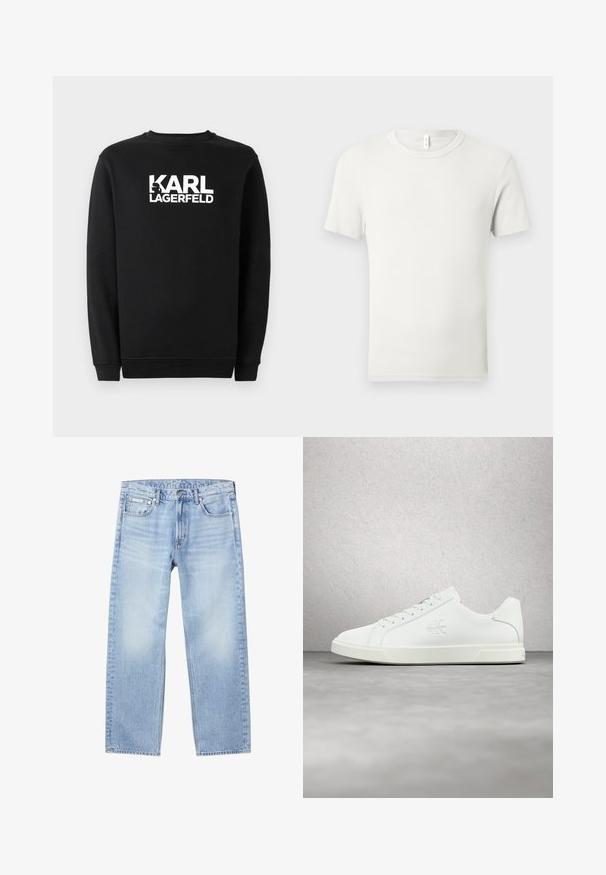 Sudadera negra de algodón, con un cuello redondo y puños de canalé. Tiene un logotipo gráfico blanco en la parte frontal.; Camiseta blanca lisa de manga corta y cuello redondo, extendida sobre una superficie gris claro, con una pequeña etiqueta de tela en el cuello.; Vaqueros de mezclilla azul claro de pierna recta con bolsillos delanteros, trabillas para cinturón, cierre de botones y una pequeña etiqueta de Calvin Klein en el bolsillo delantero derecho.; Zapatilla deportiva de cuero blanco con acabado suave, diseño con cordones, detalle del logo en el lateral y suela de goma blanca en contraste.