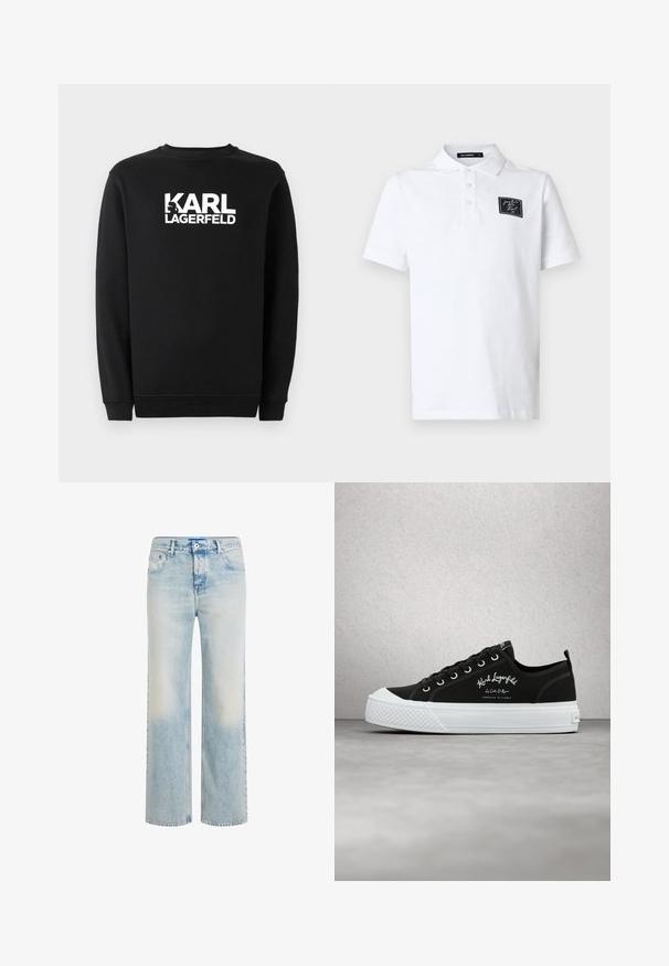 Sort sweatshirts lavet af bomuld, med rund halsudskæring og ribbede manchetter. Den har et hvidt grafisk logo på forsiden.; Hvid polo skjorte lavet af bomuld med en klassisk krave, tre knaplukninger og en sort rektangulær logo-patch på venstre bryst.; Lyseblå jeans med lige ben, falmet vask, lukkes med knap og lynlås foran samt design med fem lommer.; Sort Karl Lagerfeld lav-topp sneaker med hvid sål og snørebånd, med mærket tekst og gummitåhætte, vist på reflekterende grå gulv.