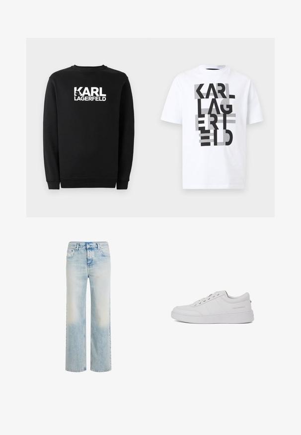Schwarzer Pullover aus Baumwolle mit rundem Ausschnitt und gerippten Bündchen. Er hat ein weißes Grafiklogo auf der Vorderseite.; Weißes T-Shirt mit kurzen Ärmeln und fettem schwarzem Schriftzug "KARL LAGERFELD", vertikal angeordnet, mit horizontalen Streifendetails auf einfachem Hintergrund.; Hellblaue Jeans mit geradem Bein, verwaschenem Look, Vorderknopf- und Reißverschluss sowie Fünf-Taschen-Design.; Weiße Leder-Sneaker mit klassischem Low-Top-Design, flacher Sohle und dezentem Markenlogo an der Ferse. Verfügt über fünf Metallösen für die Schnürsenkel.