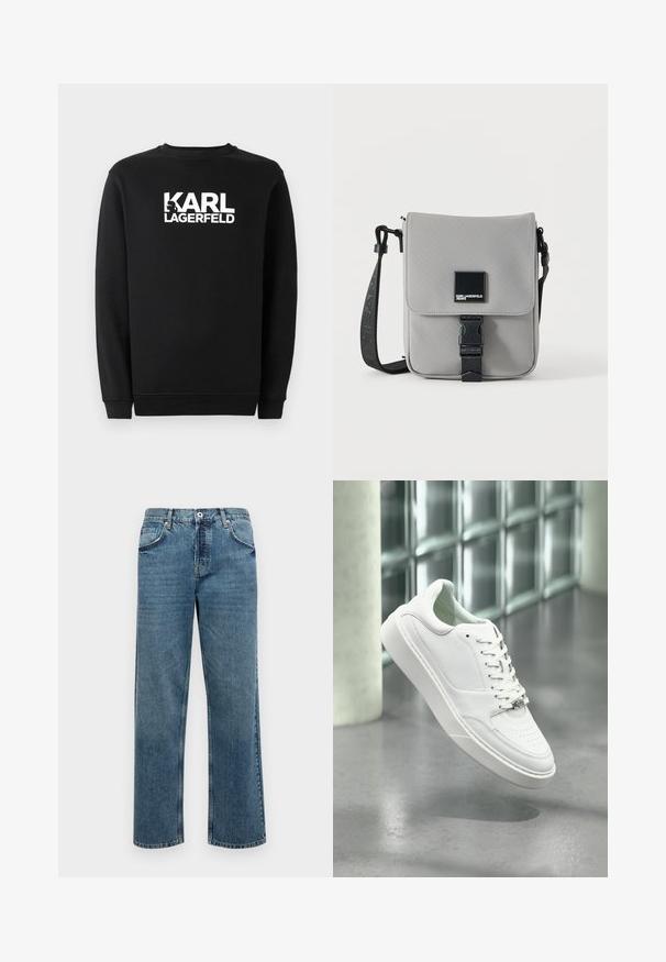Sort sweatshirts lavet af bomuld, med rund halsudskæring og ribbede manchetter. Den har et hvidt grafisk logo på forsiden.; Blå denimjeans med lige pasform, der har fem lommer, en knap- og lynlåslukning samt synlige stikninger.; Hvid sneakers i læder med rundet snude, snørelukning foran og flad gummisål. Har perforerede detaljer og subtilt logoaccent.; Grå crossbody taske med sort justerbar rem, frontklap sikret med sort spænde, med et firkantet Karl Lagerfeld Jeans logo patch.
