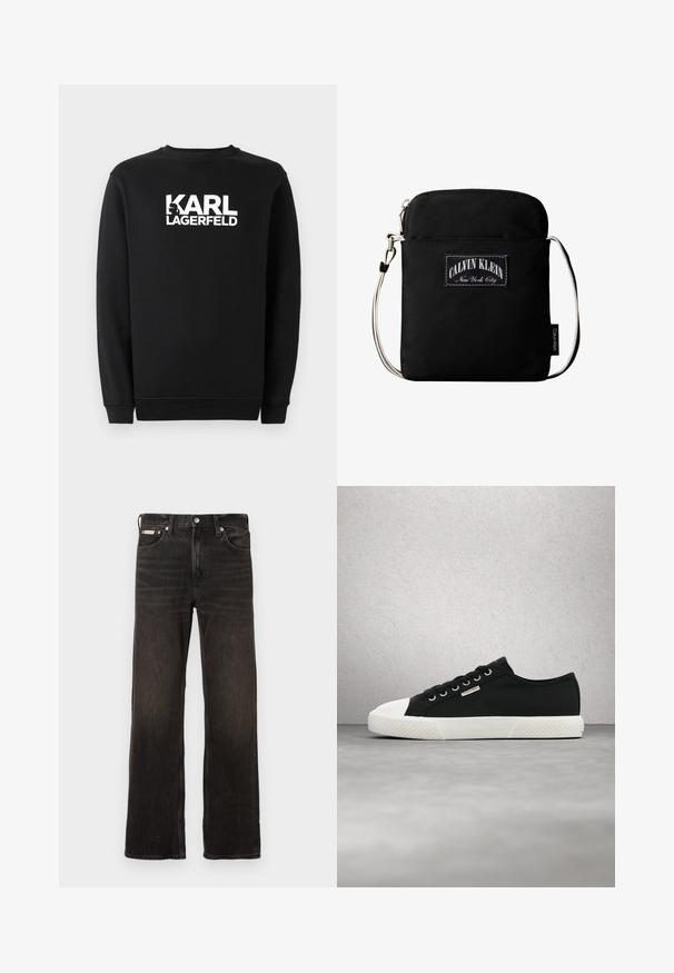 Zwarte sweatshirt van katoen, met een ronde hals en geribbelde manchetten. Het heeft een witte grafische logo op de voorkant.; Zwarte denim jeans met een rechte pasvorm, vervaagde afwerking, vijf zakken en metalen knoopsluiting. Bevat een lichte wassing.; Zwart-witte Calvin Klein sneaker met lage schacht en veters, zwevend boven een gladde grijze vloer nabij een glasstenen muur.; Zwarte Calvin Klein crossbody tas met witte verstelbare riem en voorlabel met de tekst "Calvin Klein New York City".