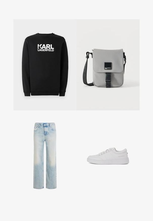 Zwarte sweatshirt van katoen, met een ronde hals en geribbelde manchetten. Het heeft een witte grafische logo op de voorkant.; Lichtblauwe jeans met rechte pijpen, een vervaagde wassing, knoop- en ritssluiting aan de voorkant, en een ontwerp met vijf zakken.; Witte leren sneakers met een klassiek low-top ontwerp, platte zool en subtiele merklogo op de hiel. Voorzien van vijf metalen oogjes voor veters.; Grijze crossbodytas met zwarte verstelbare band, voorflap beveiligd met een zwarte gesp, met een vierkante Karl Lagerfeld Jeans logo patch.