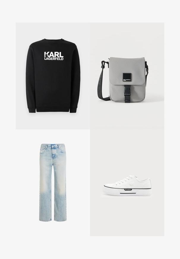 Zwarte sweatshirt van katoen, met een ronde hals en geribbelde manchetten. Het heeft een witte grafische logo op de voorkant.; Lichtblauwe jeans met rechte pijpen, een vervaagde wassing, knoop- en ritssluiting aan de voorkant, en een ontwerp met vijf zakken.; Witte lage sneaker met dikke zool, veters aan de voorkant, zwarte streep detail en Karl Lagerfeld-logo aan de zijkant en hieltab.; Grijze crossbodytas met zwarte verstelbare band, voorflap beveiligd met een zwarte gesp, met een vierkante Karl Lagerfeld Jeans logo patch.