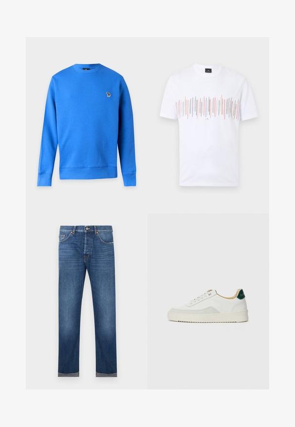 Sudadera azul de manga larga con cuello redondo y pequeño logo de cebra multicolor en el pecho izquierdo sobre un fondo blanco liso.; Camiseta blanca de manga corta con líneas verticales multicolores en el pecho y una pequeña etiqueta negra en el cuello.; Pantalones vaqueros de mezclilla azul para hombre con pierna recta, cierre de botones, diseño de cinco bolsillos y dobladillos remangados sobre un fondo blanco.; Zapatilla blanca con acentos de ante, puntera redondeada, cordones planos y suela de goma color crema. Presenta un logo verde en el talón.
