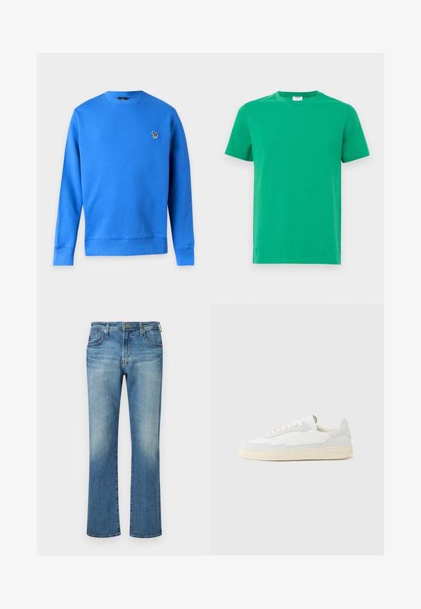 Sweat-shirt bleu à manches longues avec col rond et petit logo zèbre multicolore sur la poitrine gauche sur fond blanc uni.; T-shirt en coton vert à manches courtes, col rond et texture lisse. Design simple sans motifs ni embellissements.; Pantalon en denim bleu, design à jambe droite avec un délavage, présentant un style classique à cinq poches et des accents en métal.; Baskets blanches avec dessus en daim et cuir texturé. Caractérisées par un bout arrondi, une fermeture à lacets et une semelle en caoutchouc beige contrastante.