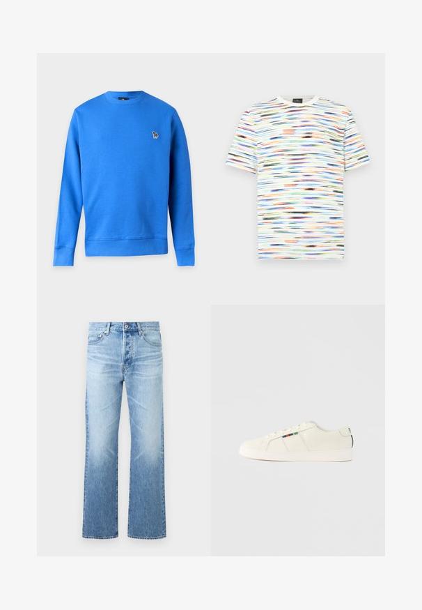 Sudadera azul de manga larga con cuello redondo y pequeño logo de cebra multicolor en el pecho izquierdo sobre un fondo blanco liso.; Camiseta multicolor con patrones horizontales de pinceladas en tonos de azul, naranja, verde y negro sobre un fondo blanco. Mangas cortas.; Vaqueros de mezclilla azul claro con corte recto, diseño de cinco bolsillos, cierre de botón y sutil desgaste en los muslos y las rodillas.; Zapatillas de deporte de color beige claro con una textura suave, diseño con cordones y un detalle de rayas coloridas en el lateral. Suela de goma blanca. Parte trasera lisa.