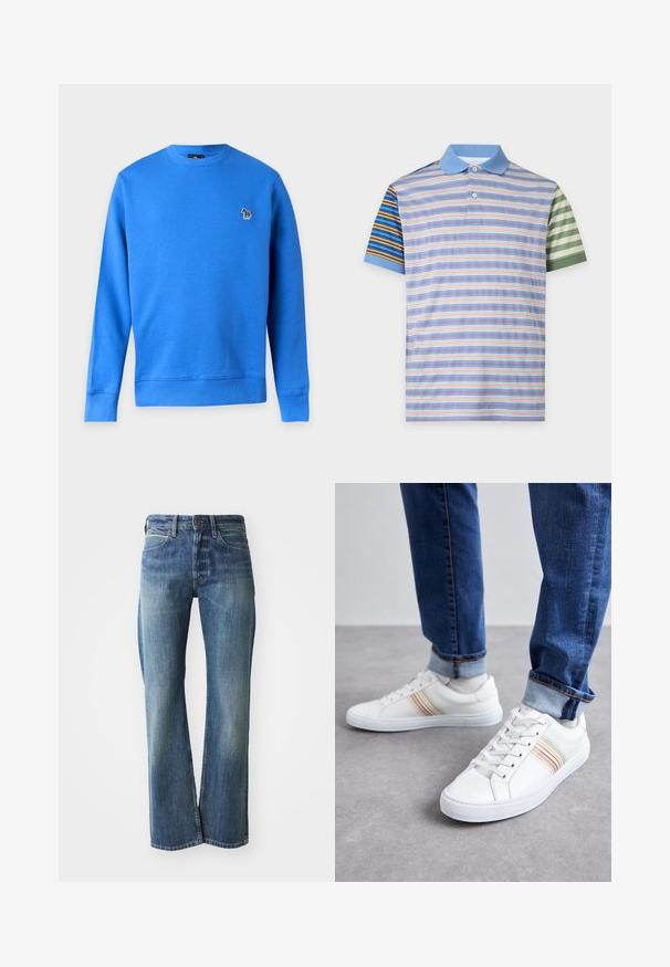 Sweat-shirt bleu à manches longues avec col rond et petit logo zèbre multicolore sur la poitrine gauche sur fond blanc uni.; Polo à manches courtes avec col bleu clair et rayures horizontales mélangées en bleu, marron, blanc, pêche et vert sur le corps et les manches.; Jeans en denim de couleur bleu clair à moyen, coupe droite, design classique à cinq poches et décoloration subtile à l'avant.; Baskets en cuir blanc avec des rayures multicolores, design à lacets, semelle en caoutchouc et col rembourré, associées à un jean en denim bleu.