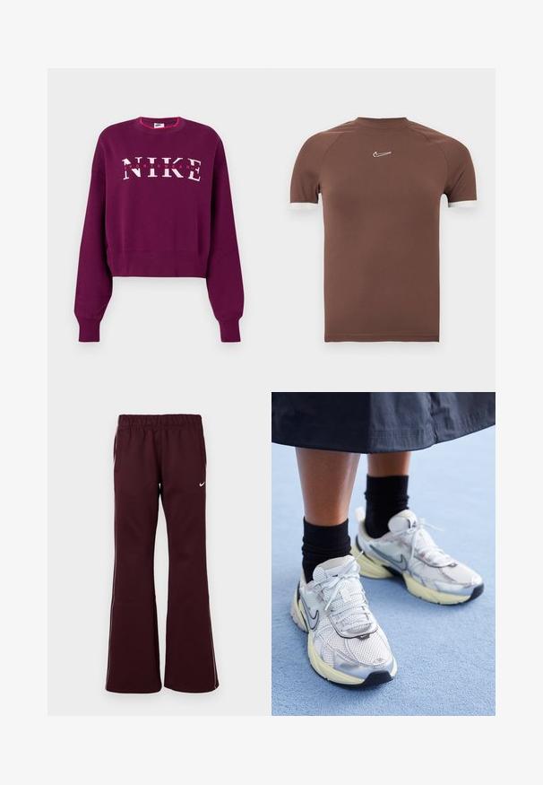 Lilla cropped sweatshirt med lange ærmer, ribbede manchetter og "NIKE SPORTSWEAR" logo i pink og hvid på tværs af brystet.; Brun kortærmet skjorte lavet af glat stof med høj halsudskæring og hvide detaljer ved ærmekanterne, med en lille logo på brystet.; Bordeauxfarvede træningsbukser med flagrende design, elastisk talje og sidelommer. Har hvide kantbånd og et lille logo på forsiden.; Hvide og sølv Nike sneakers med mesh-stof, reflekterende detaljer og en beige sål. Bæres med sorte sokker og står på en blå overflade.