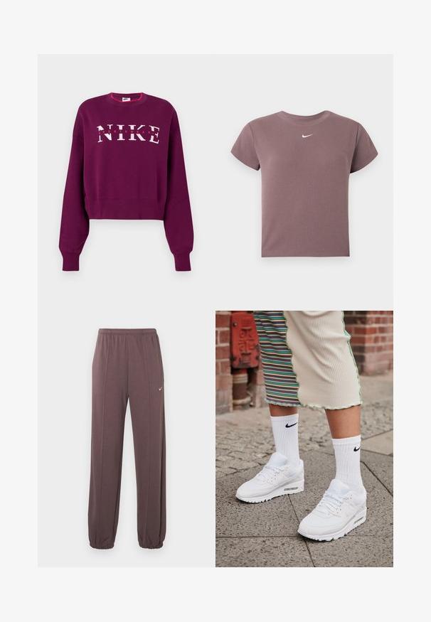 Lilla cropped sweatshirt med lange ærmer, ribbede manchetter og "NIKE SPORTSWEAR" logo i pink og hvid på tværs af brystet.; Mauve ribbet kortærmet crop top med rund hals og lille hvid Nike-logo centreret under halsudskæringen.; Brune sweatpants med elastisk talje, sidelommer, elastiske manchetter og et lille hvidt Nike-logo på den øverste venstre lår.; Hvide Nike Air Max 90 sneakers med mesh og læderoverdel, der har en synlig luftenhed, parret med hvide ribbede sokker med sort logo.