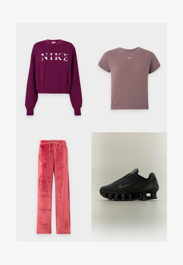Lilla cropped sweatshirt med lange ærmer, ribbede manchetter og "NIKE SPORTSWEAR" logo i pink og hvid på tværs af brystet.; Mauve ribbet kortærmet crop top med rund hals og lille hvid Nike-logo centreret under halsudskæringen.; Røde velourbukser med vide ben og snøre i taljen samt lille Nike Swoosh-logo på venstre lår, vist mod en ensfarvet baggrund.; Sort Nike-sneaker med lynlåsfunktion øverst og karakteristisk fjederlignende opdelt sål, vist i sideprofil mod en neutral baggrund.