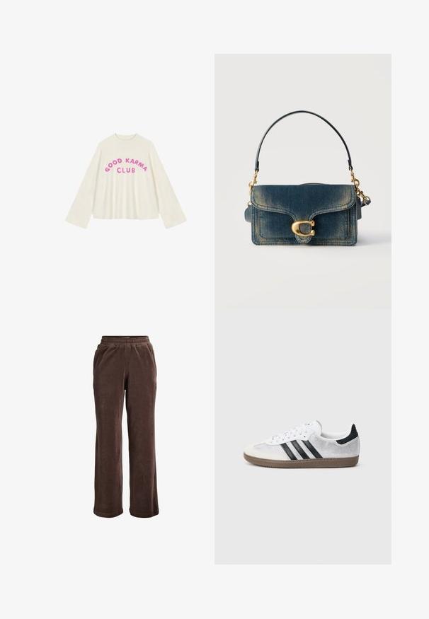 Pull oversized couleur crème avec des manches larges. Présente le texte "GOOD KARMA CLUB" en lettres fuchsia en gras sur la poitrine.; Pantalon large en velours marron avec taille élastique et poches latérales, conçu pour un usage décontracté.; Baskets en mesh blanc avec des rayures noires, un embout en daim beige et un accent sur le talon, semelle en caoutchouc texturée, et lacets blancs. Design classique à tige basse.; Sac à main rectangulaire en denim bleu avec un rabat incurvé, une fermeture à boucle "C" dorée et une bandoulière noire amovible avec des éléments métalliques dorés.