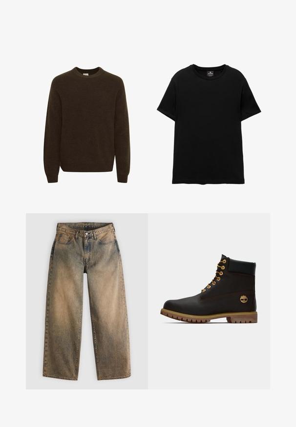 Brun striktrøje med rund halsudskæring, lange ærmer og en blød tekstur. Designet har et ribbet mønster overalt.; Sort T-shirt med korte ærmer og rund halsudskæring med Pull&Bear mærke indeni kraven, lagt fladt på hvid baggrund.; Vide denim jeans i en falmet brun farve med en lys vask. Har det traditionelle design med fem lommer og synlige sømdetaljer.; Sorte læder ankelstøvle med gyldne øjer, brune detaljer og gummisål. Har en polstret krave og præget logo på siden.