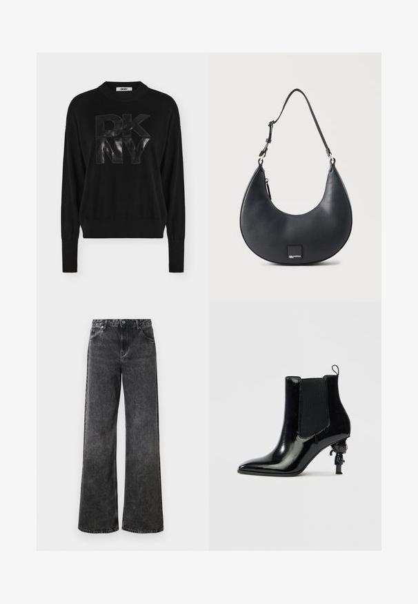 Pull noir à manches longues avec poignets et ourlet côtelés, présentant de grandes lettres embossées "DKNY" sur le devant.; Jean noir à jambes larges avec une texture délavée, cinq poches et une fermeture à bouton. Présente des coutures contrastantes et une taille classique.; Bottine en cuir verni noir avec panneaux latéraux élastiques, bout pointu et un design unique de talon sculptural avec une petite figurine.; Sac à main en cuir noir en forme de croissant avec bandoulière réglable et petite plaque logo carrée au centre devant.