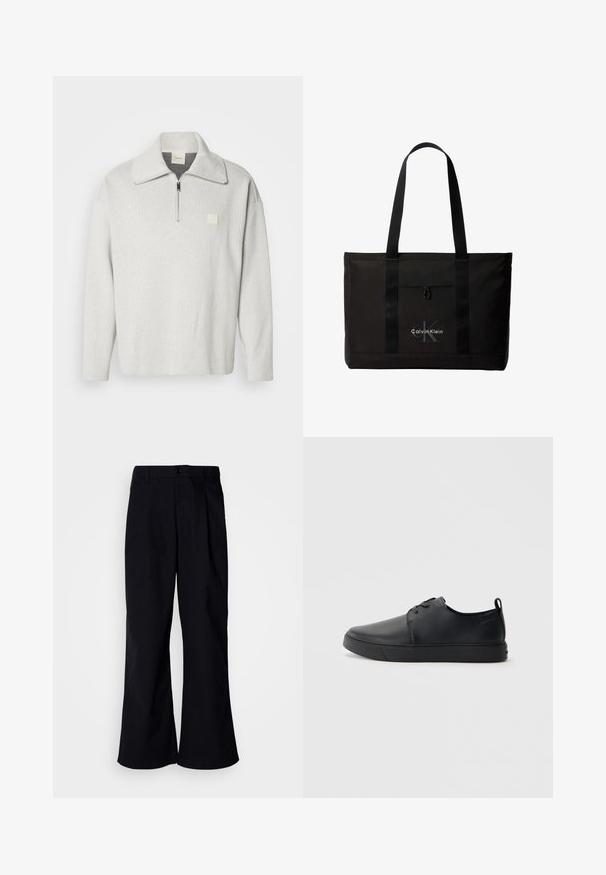 Pull-over gris clair avec une fermeture éclair à l'avant et un col large. Présente un petit logo carré sur la poitrine. Confectionné dans un tissu texturé.; Pantalons larges noirs en coton avec un pli à l'avant, présentant une fermeture à bouton et des passants de ceinture, texture lisse et sans motifs visibles.; Baskets en cuir noir avec une finition lisse, bout arrondi, coutures ton sur ton, devant à lacets et semelle plate en caoutchouc. Anse au talon.; Sac cabas noir Calvin Klein avec deux longues poignées et une poche avant, avec le logo de la marque en blanc et gris.