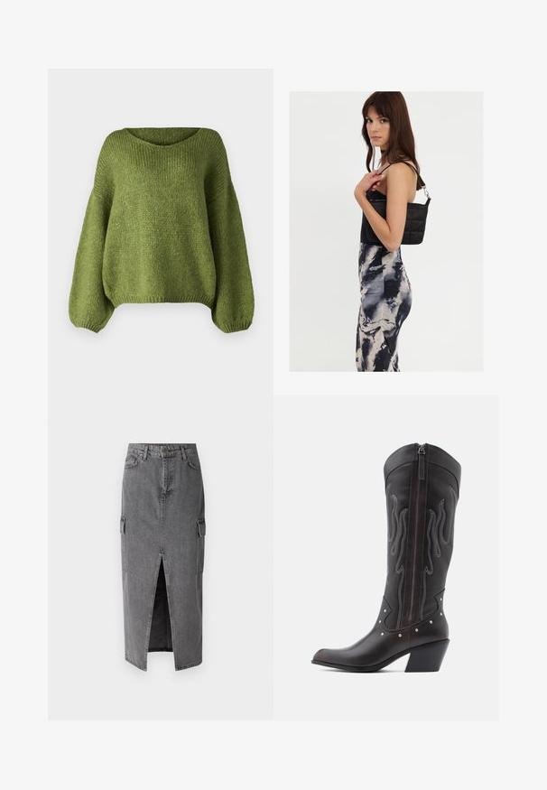 JDY JDYDINEA L/S REVERSIBLE PULLOV. KNT NOOS - Striktrøje - fern; Grå denim midi-nederdel med lige silhuet, to sidelommer og en forslids for lettere bevægelse. Klassisk denim tekstur.; Brune læder cowboystøvler med flammebroderi, sidelukning med lynlås, sølvnitter, spids snude og lagdelt hæl.; Sort quiltet skuldertaske med en enkelt rem og sølvhardware, parret med en tætsiddende kjole med tie-dye mønster i nuancer af sort og creme.