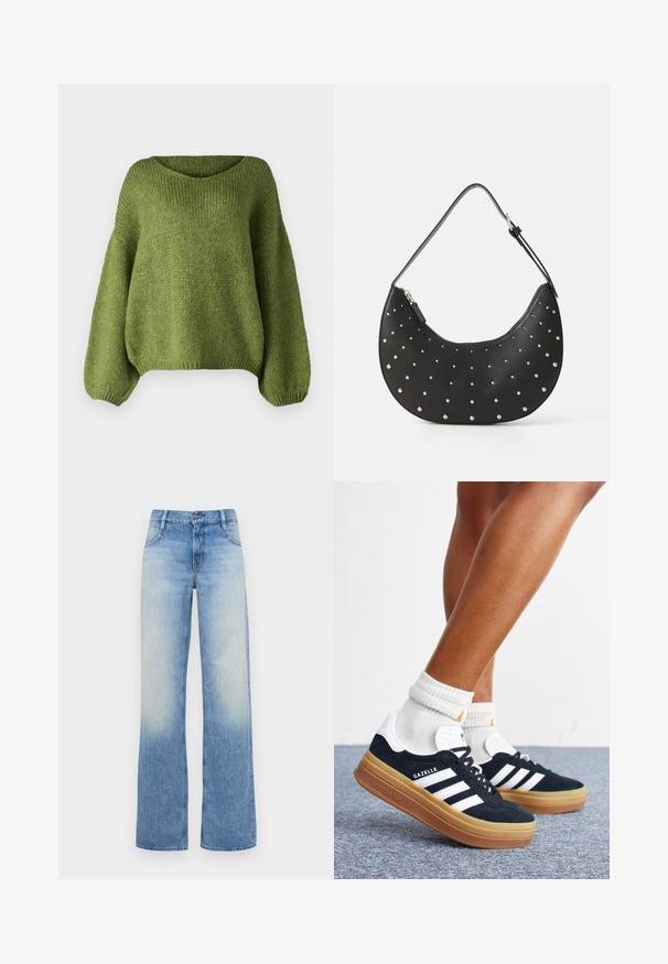 JDY JDYDINEA L/S REVERSIBLE PULLOV. KNT NOOS - Pullover - fern; Jean large à taille haute bleu clair avec une texture délavée. Comprend cinq poches et une fermeture à bouton à la taille.; Jambes portant des chaussettes blanches et des baskets Adidas Gazelle noires avec des bandes blanches et des semelles épaisses marron sur un sol recouvert de moquette grise.; Sac à main en cuir noir avec une forme arrondie, orné de clous en argent, doté d'une fermeture éclair et d'une seule sangle ajustable.