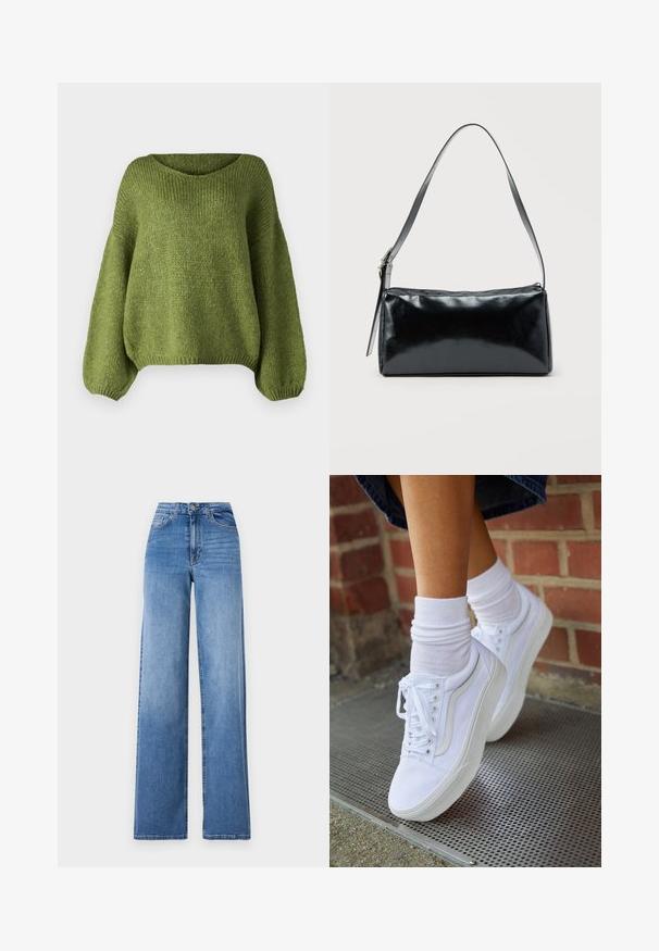 JDY JDYDINEA L/S REVERSIBLE PULLOV. KNT NOOS - Pullover - fern; Jeans en denim bleu clair à jambes larges, dotés d'une taille haute, de poches avant et d'une fermeture à bouton standard. Texture lisse.; Baskets en toile blanches avec semelles en caoutchouc, dotées de six œillets, d'un bout rond et de détails de couture légers, portées avec des chaussettes blanches mi-mollet.; Sac d'épaule rectangulaire noir avec une sangle réglable unique et une fermeture éclair supérieure sur un fond uni.