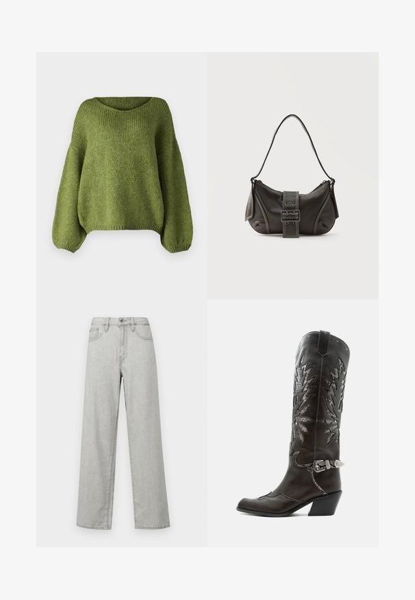 JDY JDYDINEA L/S REVERSIBLE PULLOV. KNT NOOS - Striktrøje - fern; Lysegrå brede bukser lavet af denim, med høj talje, forlommer og en standard lukning med knap og lynlås.; Sort læder cowboystøvle med dekorative udskæringer, sølvspænde og skrå hæl, vist på hvid baggrund.; Sort læder skuldertaske med spænde på remmen, afrundede kanter og kontrasterende hvide syninger på en ensfarvet baggrund.
