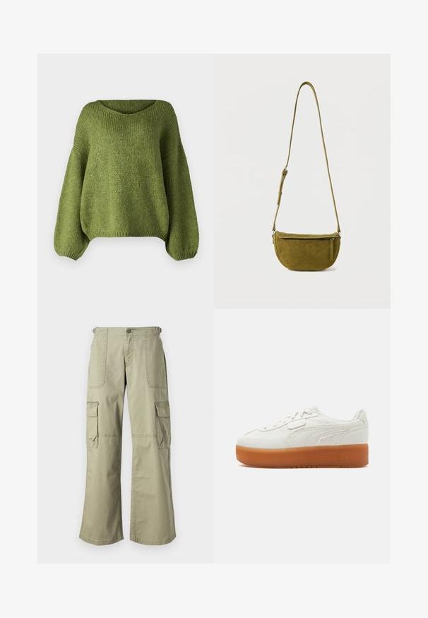 JDY Knitted JDYDINEA Knitted - Pullover - fern; Pantalons cargo kaki avec une coupe décontractée, dotés de deux poches latérales, d'une fermeture à bouton à l'avant et de jambes larges. Tissu en coton au toucher lisse.; Baskets basses blanches avec semelle épaisse en caoutchouc marron, détail coutures sur les côtés et fermeture à lacets avec petite bride en Velcro.; Sac bandoulière en daim vert olive avec sangle réglable et poche avant zippée sur fond blanc uni.