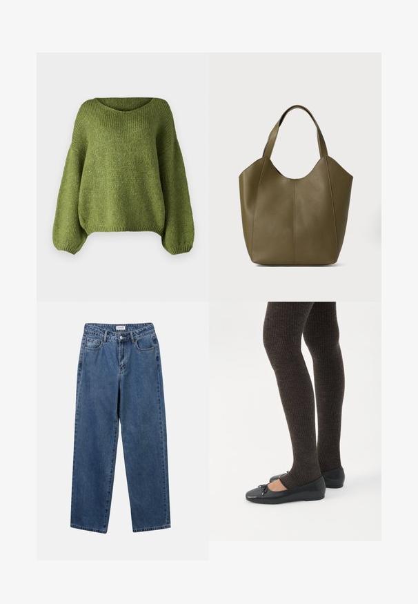 JDY JDYDINEA L/S REVERSIBLE PULLOV. KNT NOOS - Striktrøje - fern; Klassiske blå denimbukser med lige ben, fem lommer og knaplukning. Har en medium vask og en robust tekstur.; Ben iført mørke ribbede leggings kombineret med sorte balletsko med små sløjfedetaljer på hvid baggrund.; Oliven grøn læder tote taske med dobbelte håndtag, glat tekstur og fire panel design. Forstærket syning langs sømmene for holdbarhed.
