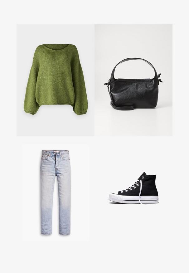 JDY JDYDINEA L/S REVERSIBLE PULLOV. KNT NOOS - Trui - fern; Lichtblauwe denim jeans met een straight leg ontwerp, voorzien van een knoopgulp, vijf zakken en subtiele vervaging langs de benen.; Zwarte hooggesloten canvas sneaker met witte rubberen zool en witte veters, zijwaarts weergegeven op een witte achtergrond.; Zwarte leren handtas met een gestructureerd ontwerp, een ronde bovenhandgreep en een afneembare schouderriem. Beschikt over een gladde textuur en een subtiele glans.